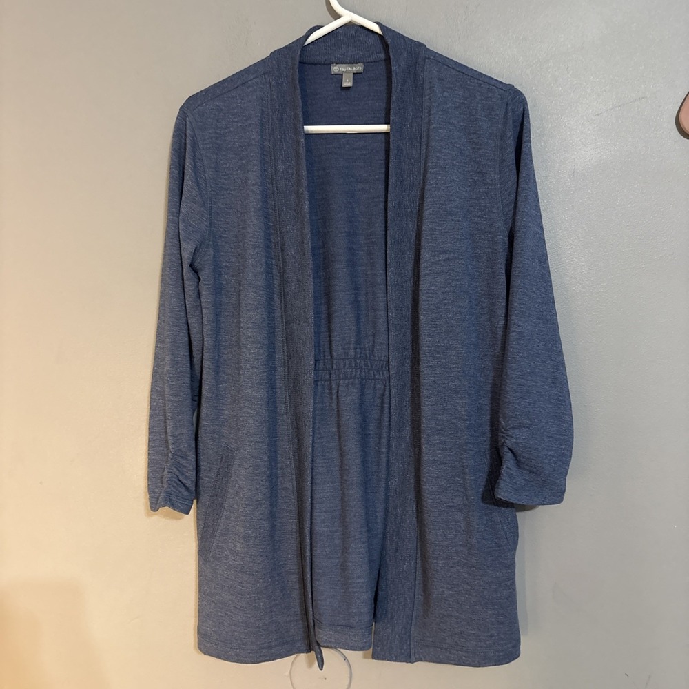T By Talbots Womens Blue Soft French Terry Open Front Cardigan Sweater Sz Small